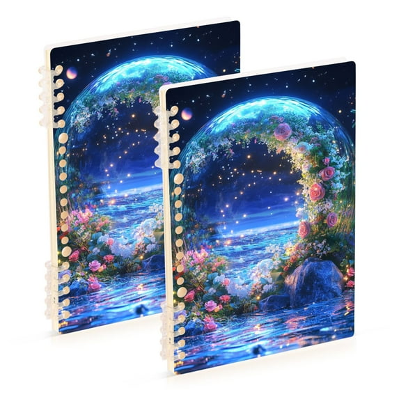 FORMRS 1-Subject Spiral Notebook 8" x 5" College Ruled 60 Refillable Sheet A5 Hard Cover, 2 Pack, Beautiful Floral Moon