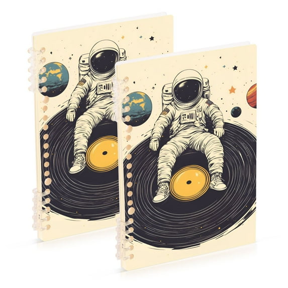 FORMRS 1-Subject Spiral Notebook 8" x 5" College Ruled 60 Refillable Sheet A5 Hard Cover, 2 Pack, Beige Astronaut Record