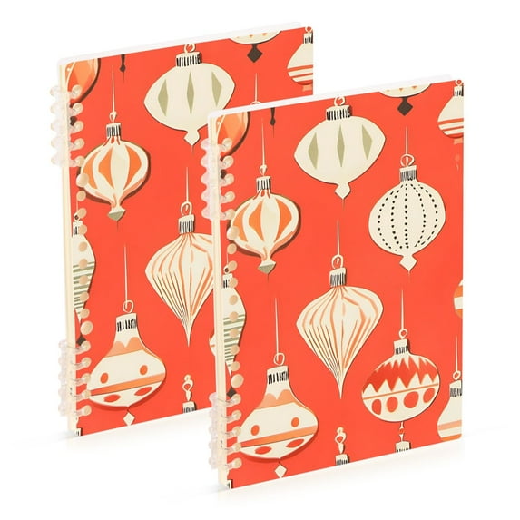 FORMRS 1-Subject Spiral Notebook 8" x 5" College Ruled 60 Refillable Sheet A5 Hard Cover, 2 Pack, Beige Christmas Ornaments Pattern