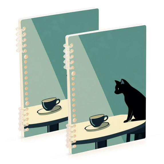 FORMRS 1-Subject Spiral Notebook 8" x 5" College Ruled 60 Refillable Sheet A5 Hard Cover, 2 Pack, Black Cat