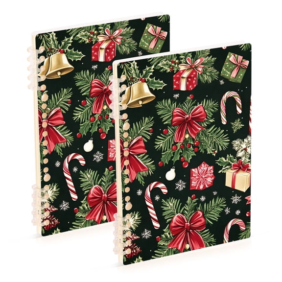 FORMRS 1-Subject Spiral Notebook 8" x 5" College Ruled 60 Refillable Sheet A5 Hard Cover, 2 Pack, Black Christmas Holly
