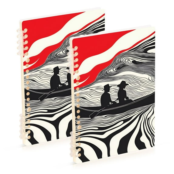 FORMRS 1-Subject Spiral Notebook 8" x 5" College Ruled 60 Refillable Sheet A5 Hard Cover, 2 Pack, Black Illusionary Boat