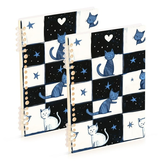 FORMRS 1-Subject Spiral Notebook 8" x 5" College Ruled 60 Refillable Sheet A5 Hard Cover, 2 Pack, Blue Cat Stars
