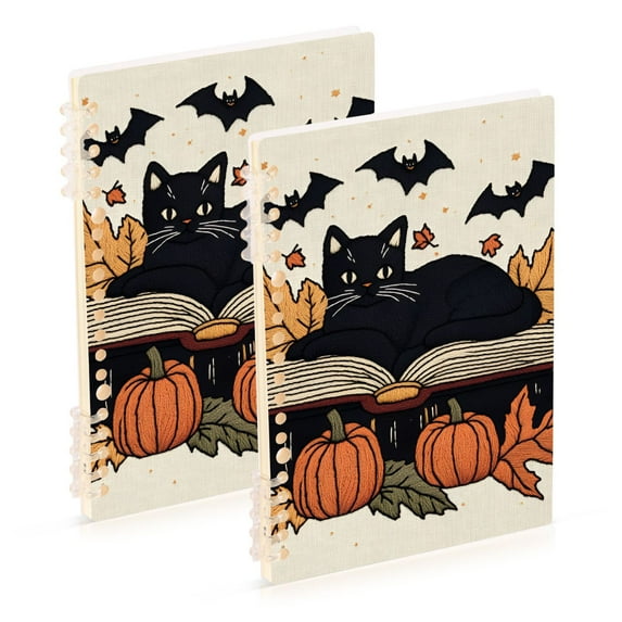 FORMRS 1-Subject Spiral Notebook 8" x 5" College Ruled 60 Refillable Sheet A5 Hard Cover, 2 Pack, Cute Halloween Cat