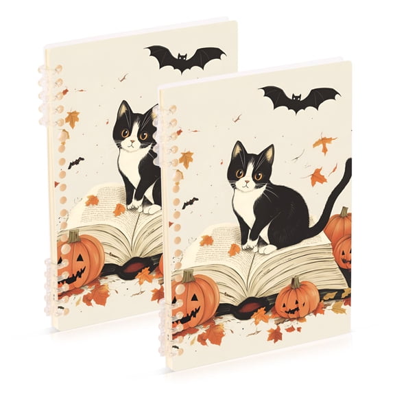 FORMRS 1-Subject Spiral Notebook 8" x 5" College Ruled 60 Refillable Sheet, 2 Pack, Gray Cartoon Halloween Cat