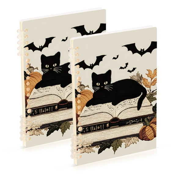 FORMRS 1-Subject Spiral Notebook 8" x 5" College Ruled 60 Refillable Sheet, 2 Pack, Gray Halloween Cat