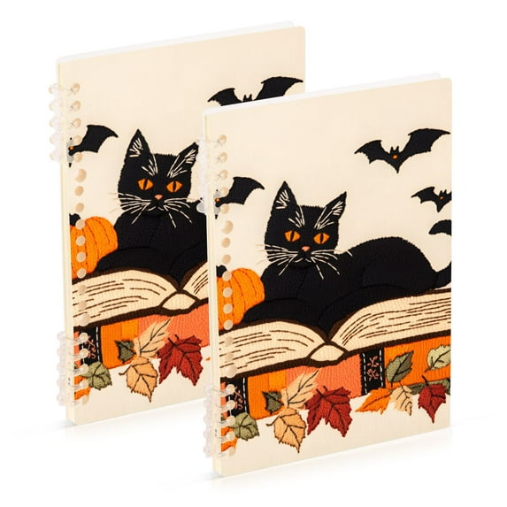 FORMRS 1-Subject Spiral Notebook 8" x 5" College Ruled 60 Refillable Sheet A5 Hard Cover, 2 Pack, Orange Halloween Cat