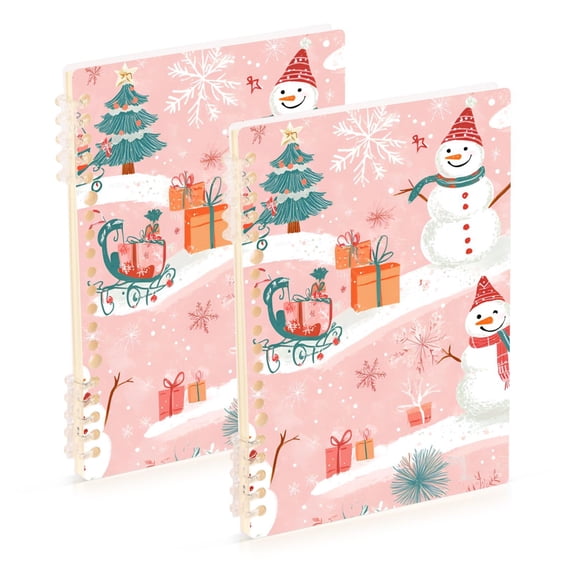 FORMRS 1-Subject Spiral Notebook 8" x 5" College Ruled 60 Refillable Sheet A5 Hard Cover, 2 Pack, Pink Christmas Snowman