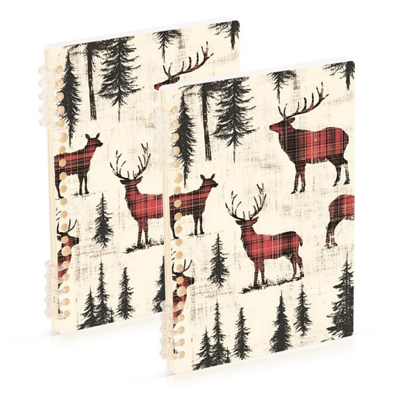 FORMRS 1-Subject Spiral Notebook 8" x 5" College Ruled 60 Refillable Sheet A5 Hard Cover, 2 Pack, Plaid Deer