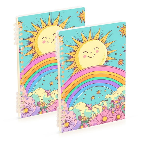 FORMRS 1-Subject Spiral Notebook 8" x 5" College Ruled 60 Refillable Sheet A5 Hard Cover, 2 Pack, Retro Blue Rainbow