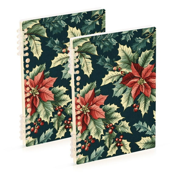 FORMRS 1-Subject Spiral Notebook 8" x 5" College Ruled 60 Refillable Sheet A5 Hard Cover, 2 Pack, Retro Christmas Poinsettia