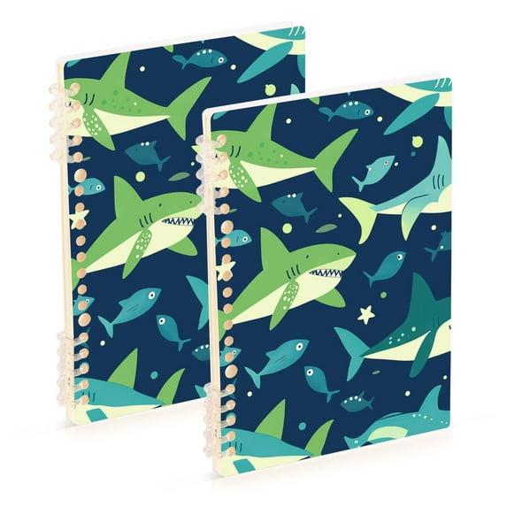 FORMRS 1-Subject Spiral Notebook 8" x 5" College Ruled 60 Refillable Sheet A5 Hard Cover, 2 Pack, Sharks Pattern