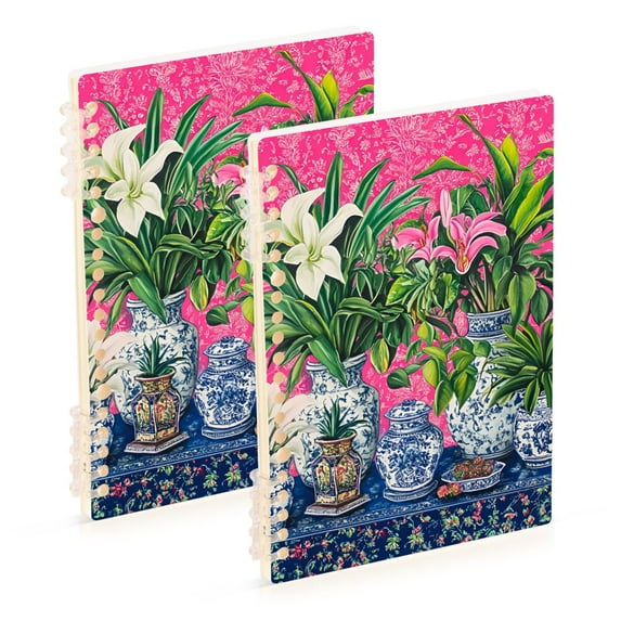FORMRS 1-Subject Spiral Notebook 8" x 5" College Ruled 60 Refillable Sheet A5 Hard Cover, 2 Pack, White Vibrant Flowers