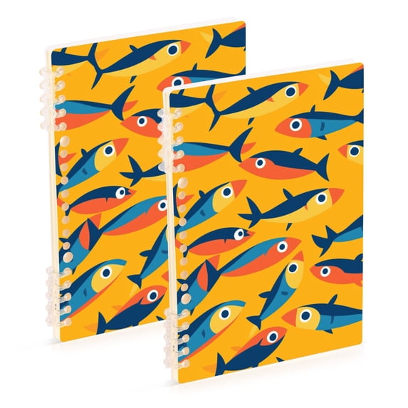 FORMRS 1-Subject Spiral Notebook 8" x 5" College Ruled 60 Refillable Sheet A5 Hard Cover, 2 Pack, Yellow Sardines Pattern