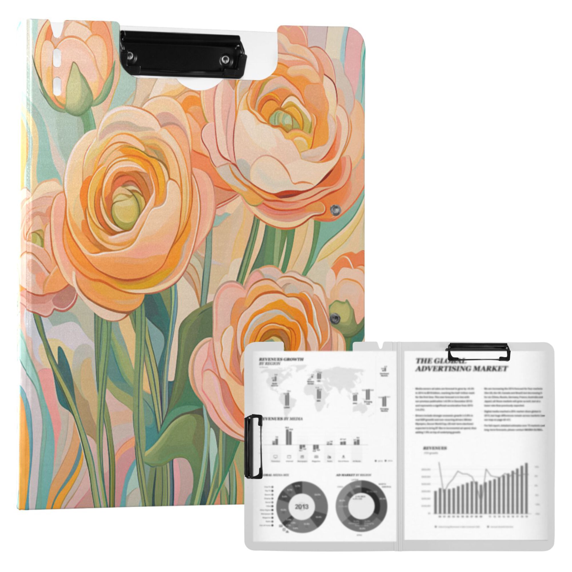FORMRS A4 Clipboard Folder with Pen Holder Horizontal Foldable School Office Binder, Abstract Floral Art