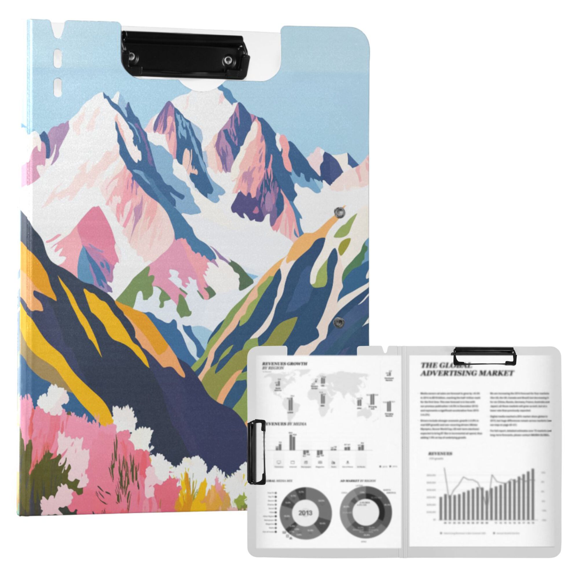 FORMRS A4 Clipboard Folder with Pen Holder Horizontal Foldable School Office Binder, Abstract Mountain
