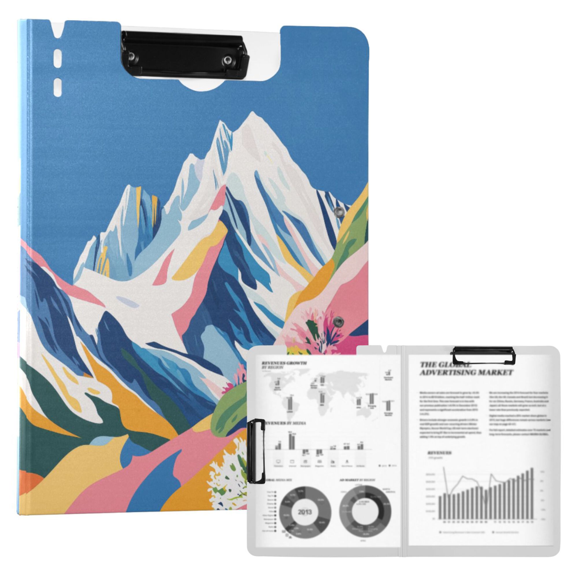 FORMRS A4 Clipboard Folder with Pen Holder Horizontal Foldable School Office Binder, Abstract Snow Mountain
