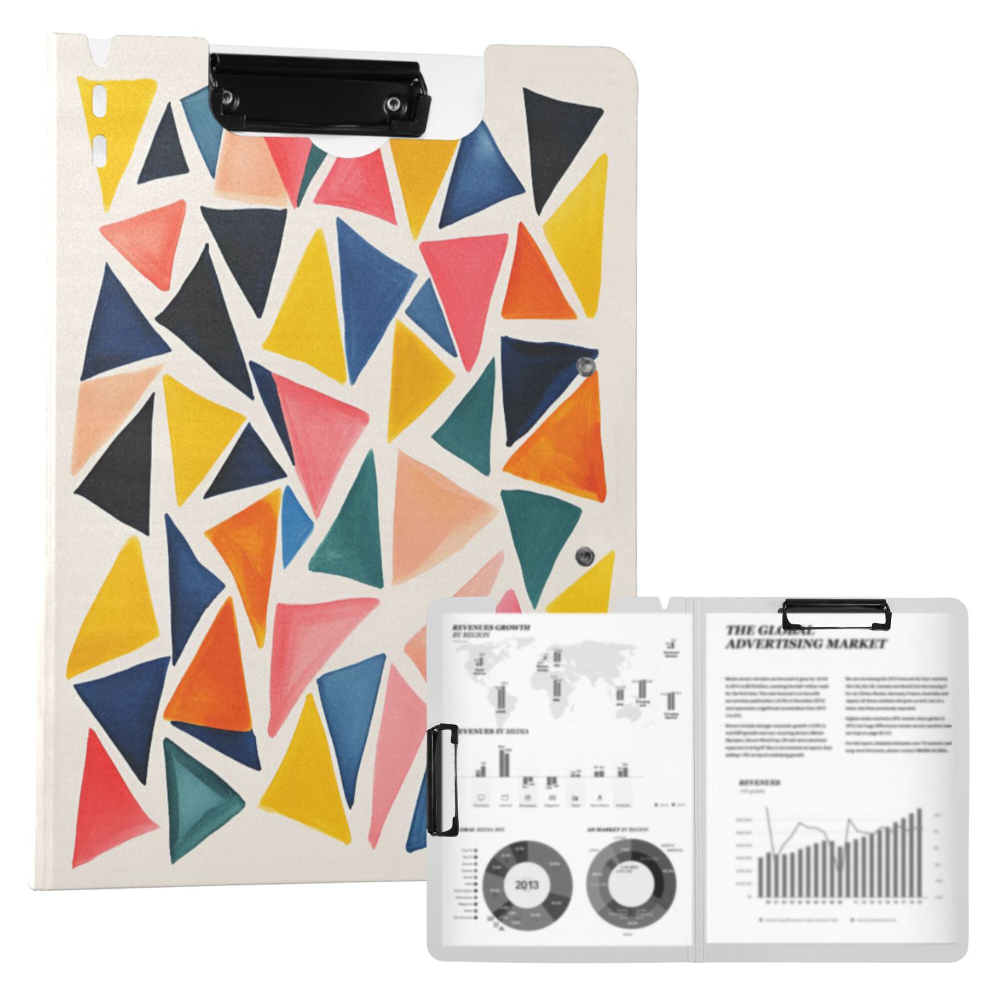 FORMRS A4 Clipboard Folder with Pen Holder Horizontal Foldable School Office Binder, Abstract Triangles