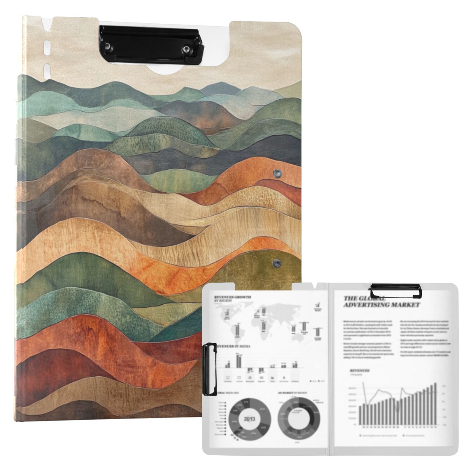 FORMRS A4 Clipboard Folder with Pen Holder Horizontal Foldable School Office Binder, Abstract Wavy Landscape