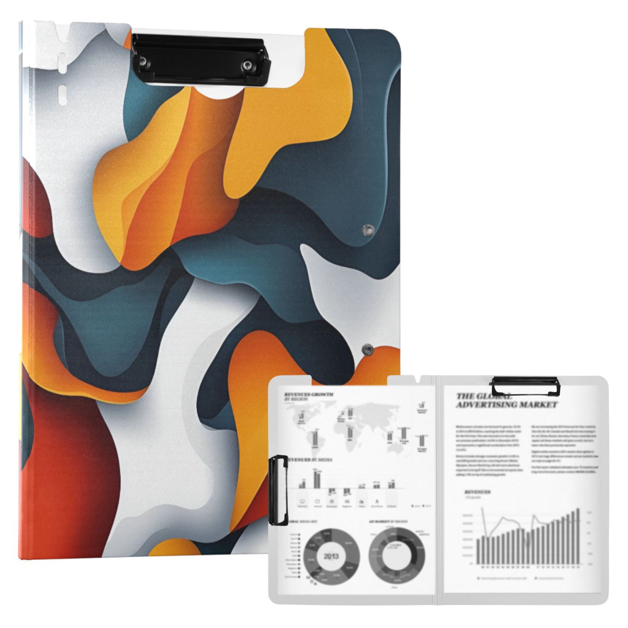 FORMRS A4 Clipboard Folder with Pen Holder Horizontal Foldable School Office Binder, Abstract Wavy