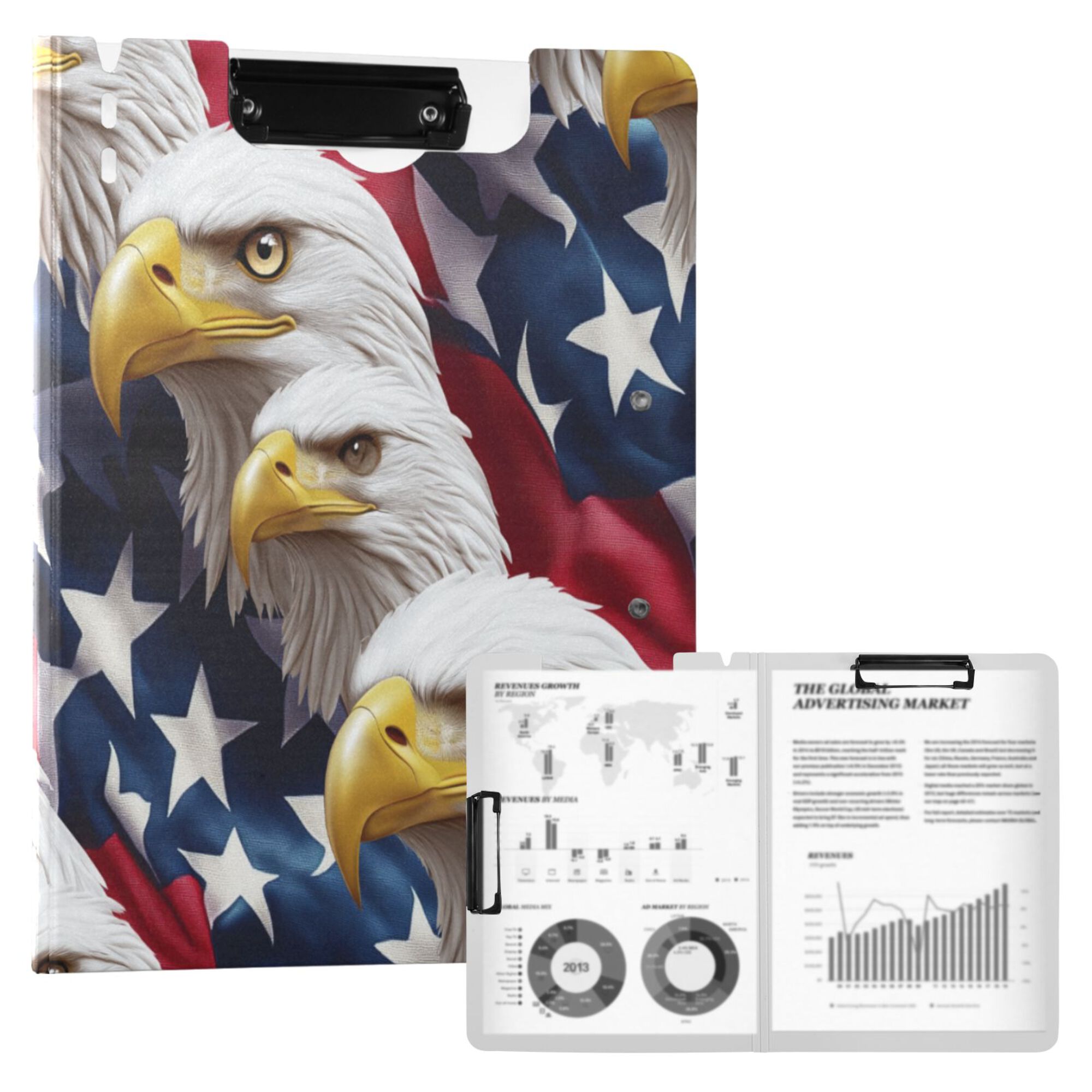 FORMRS A4 Clipboard Folder with Pen Holder Horizontal Foldable School Office Binder, American Eagle Pattern