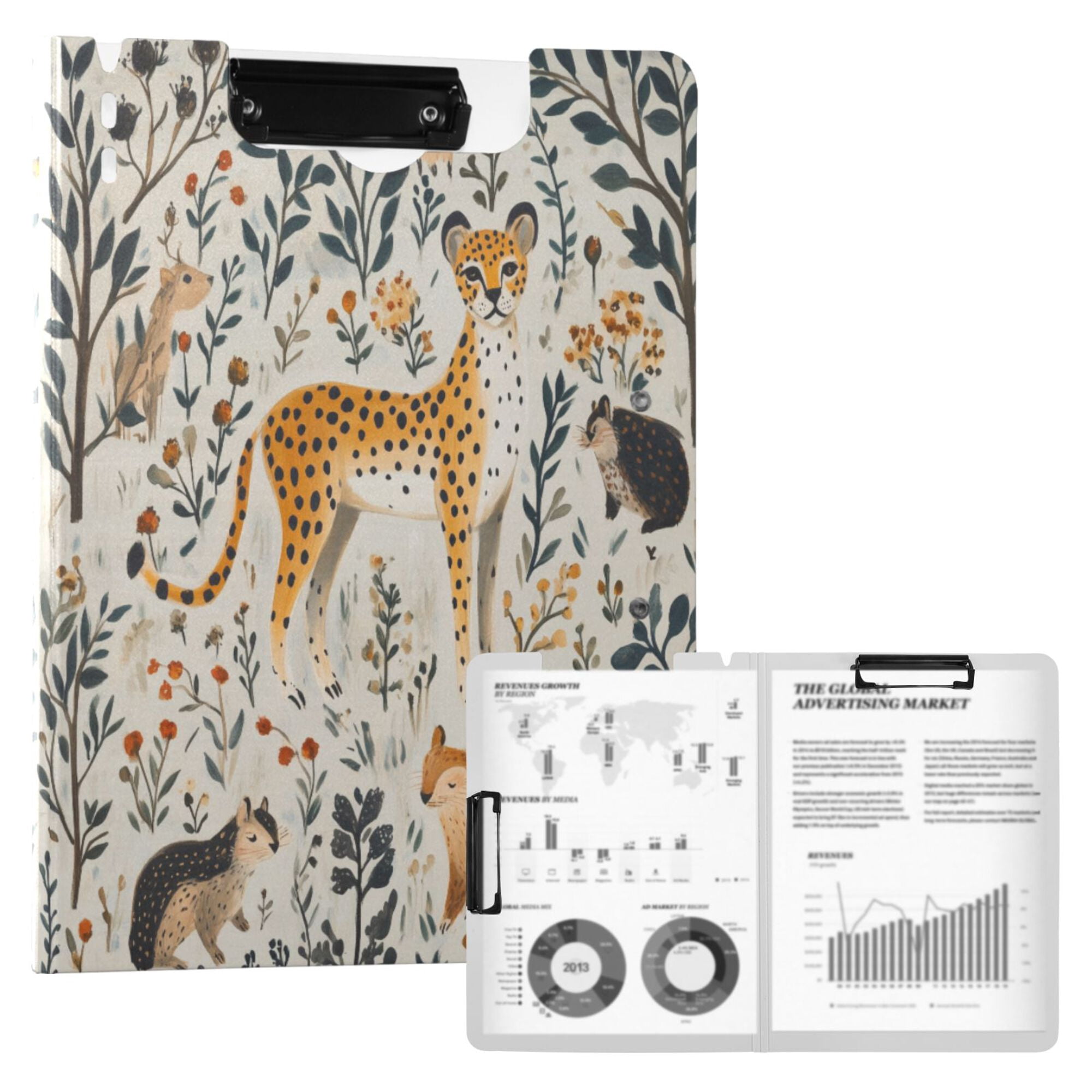 FORMRS A4 Clipboard Folder with Pen Holder Horizontal Foldable School Office Binder, Animals in A Forest Pattern