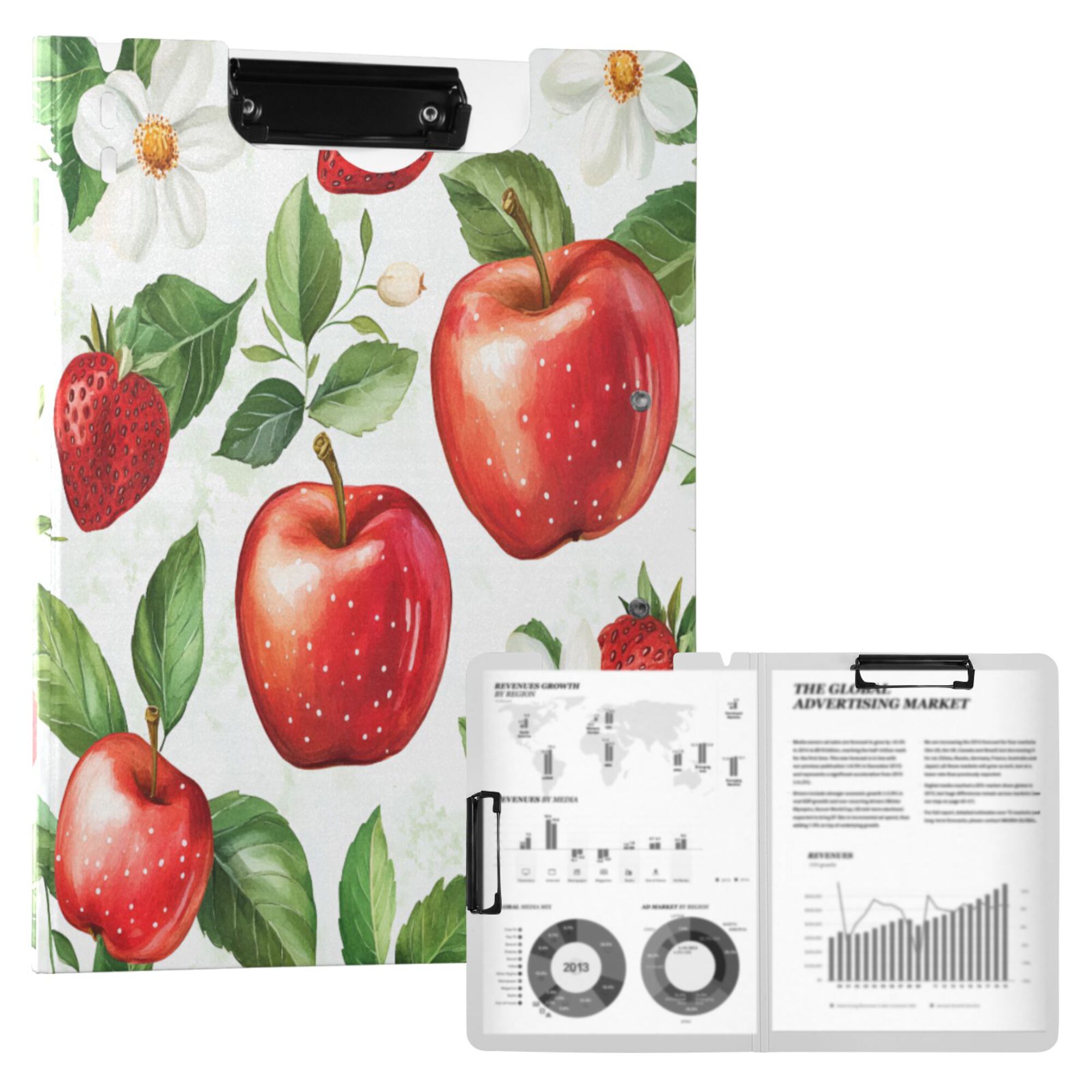 FORMRS A4 Clipboard Folder with Pen Holder Horizontal Foldable School Office Binder, Apple Pattern