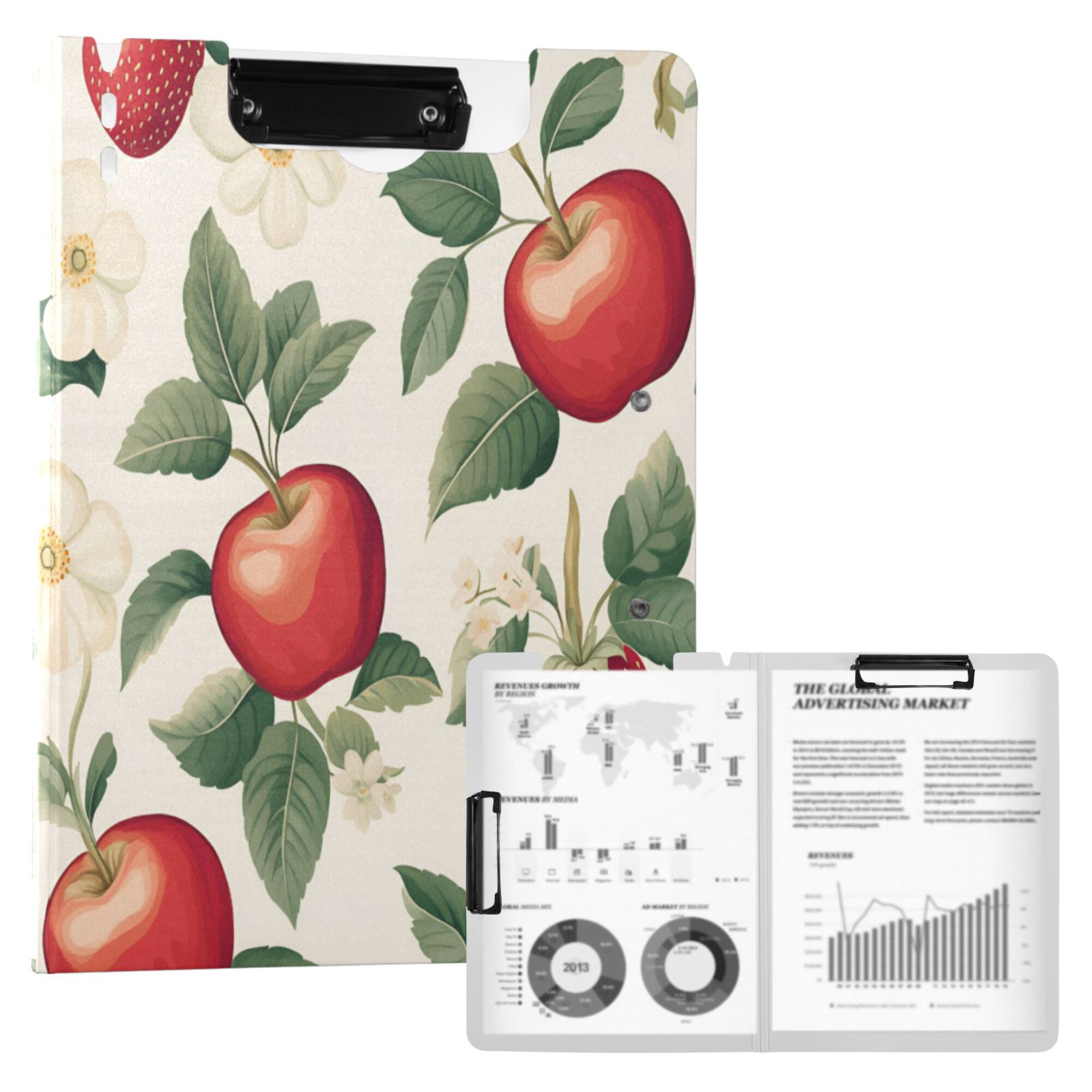 FORMRS A4 Clipboard Folder with Pen Holder Horizontal Foldable School Office Binder, Apples Flower Pattern
