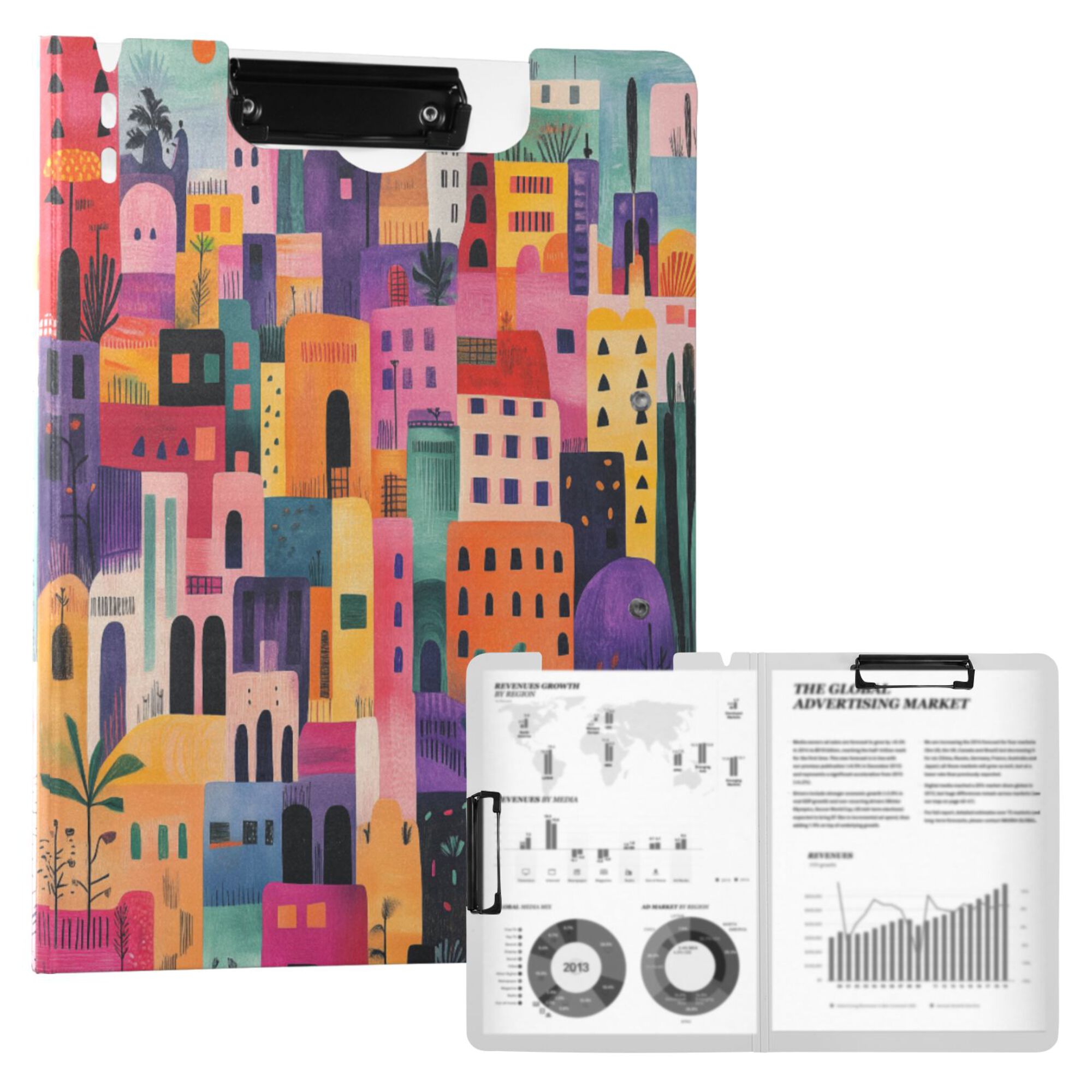 FORMRS A4 Clipboard Folder with Pen Holder Horizontal Foldable School Office Binder, Art Buildings