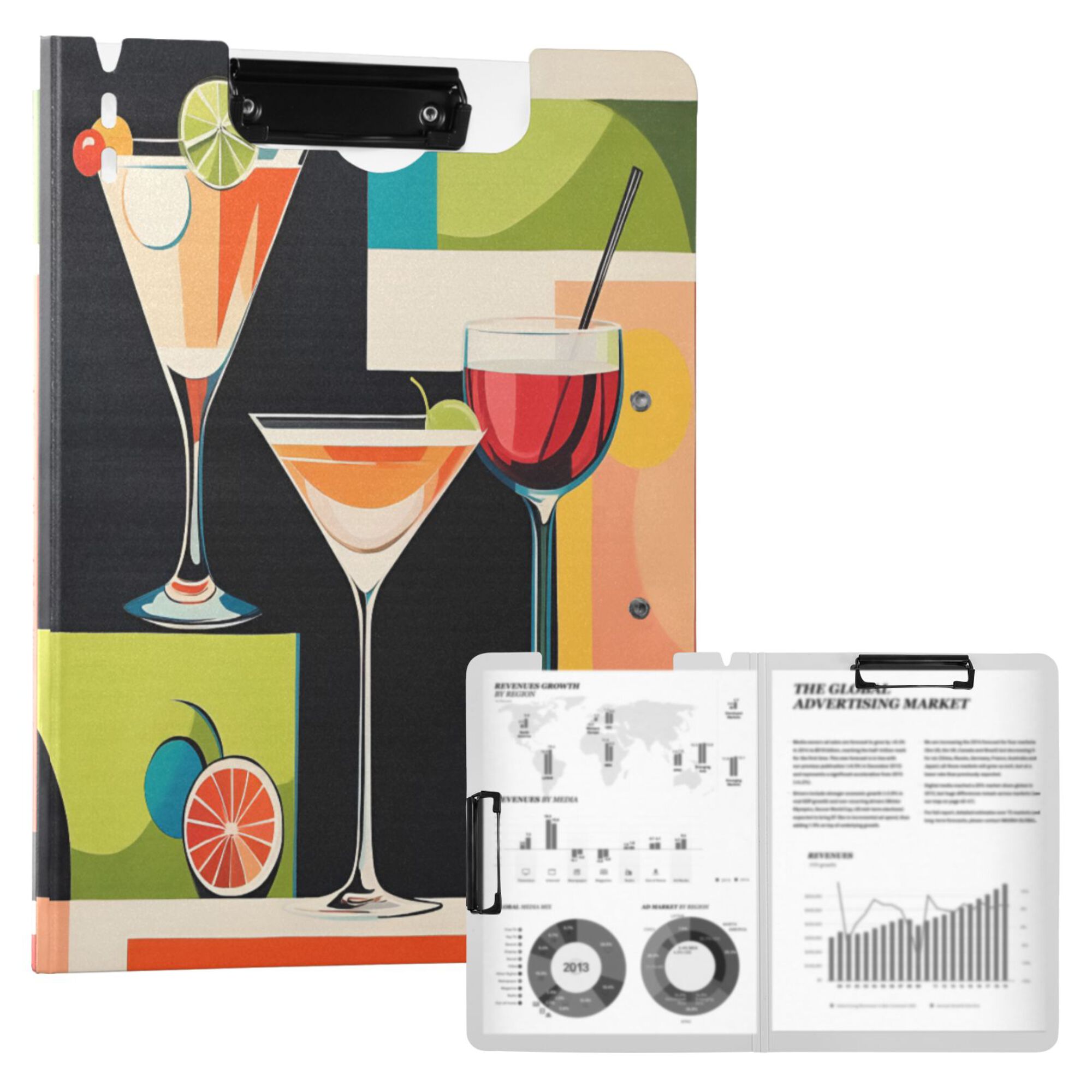 FORMRS A4 Clipboard Folder with Pen Holder Horizontal Foldable School Office Binder, Art Cocktails