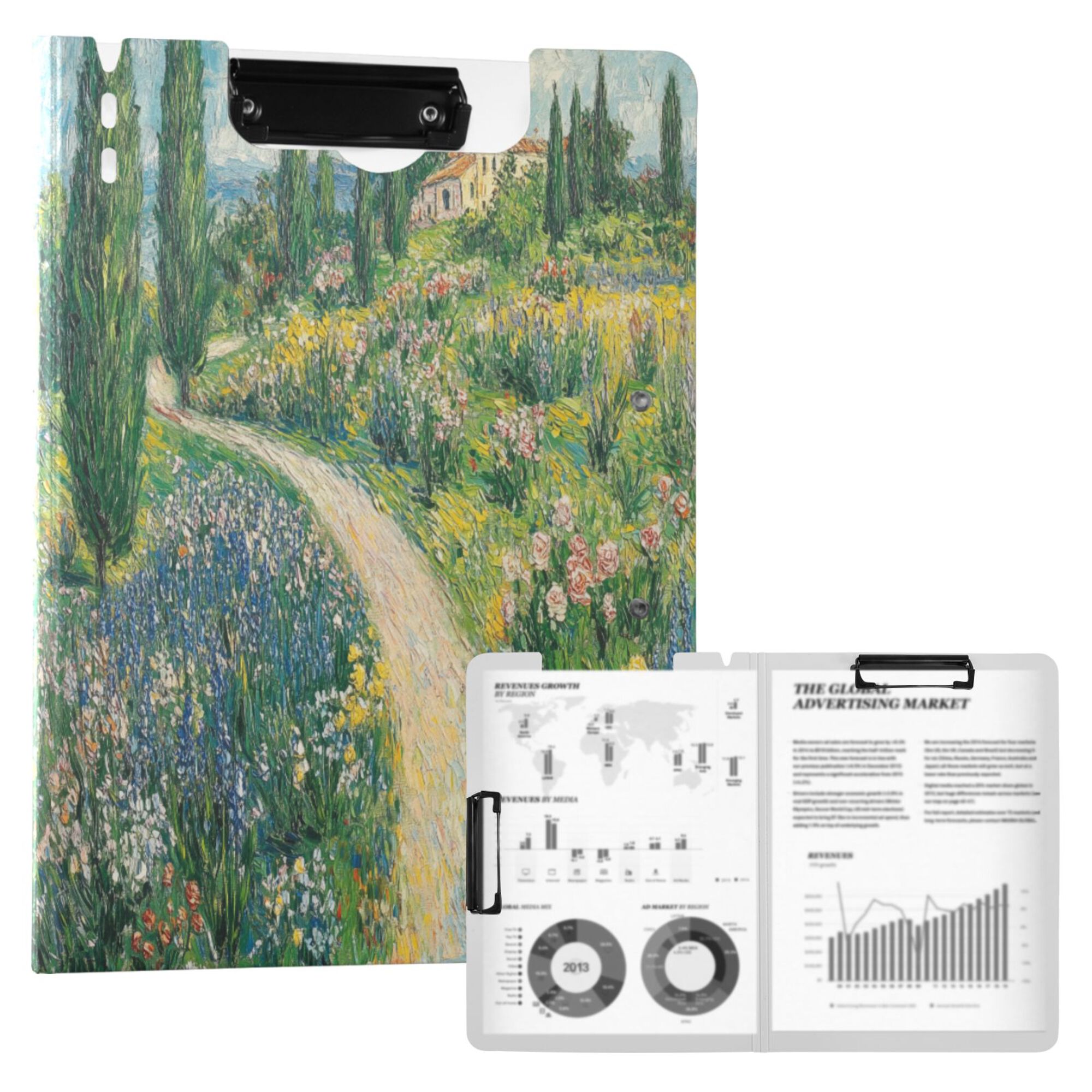 FORMRS A4 Clipboard Folder with Pen Holder Horizontal Foldable School Office Binder, Art Garden Scene