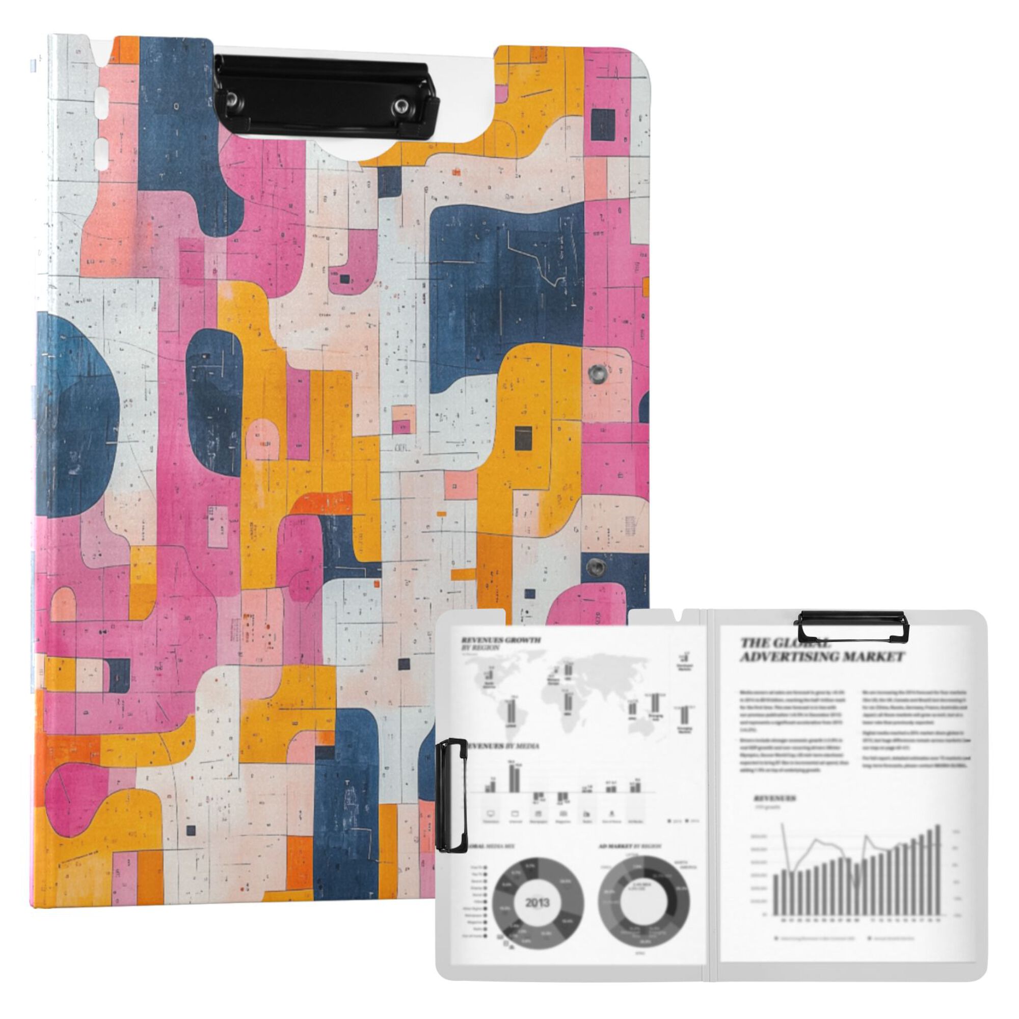 FORMRS A4 Clipboard Folder with Pen Holder Horizontal Foldable School Office Binder, Art Geometric
