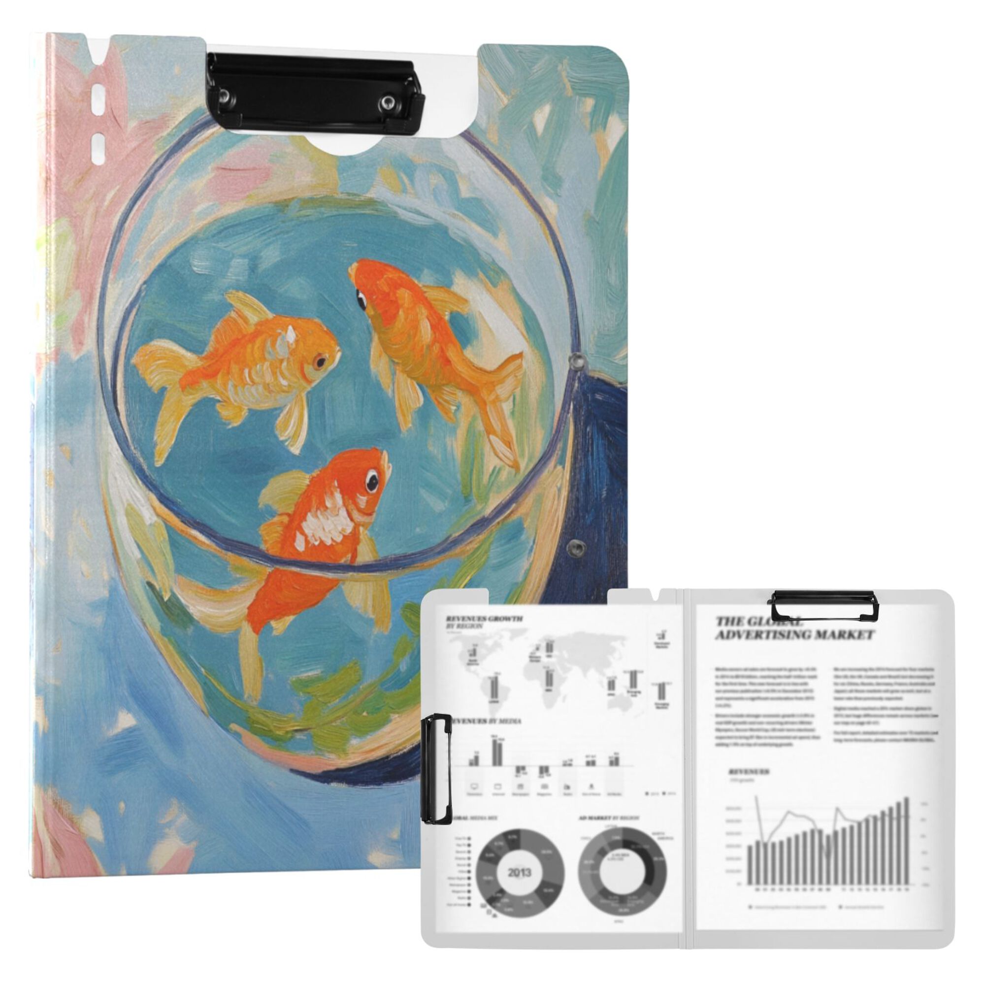 FORMRS A4 Clipboard Folder with Pen Holder Horizontal Foldable School Office Binder, Art Goldfish