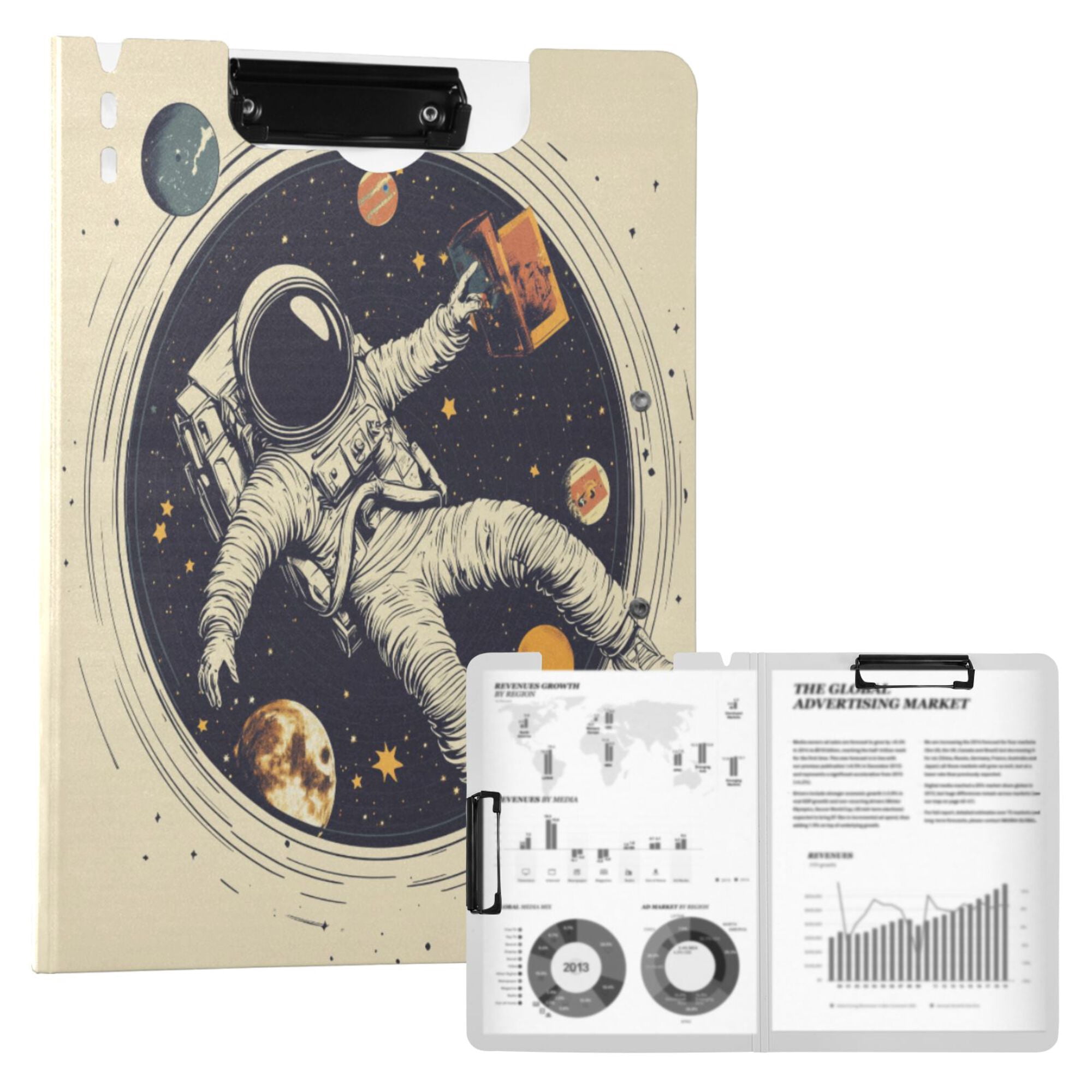 FORMRS A4 Clipboard Folder with Pen Holder Horizontal Foldable School Office Binder, Astronaut Floating