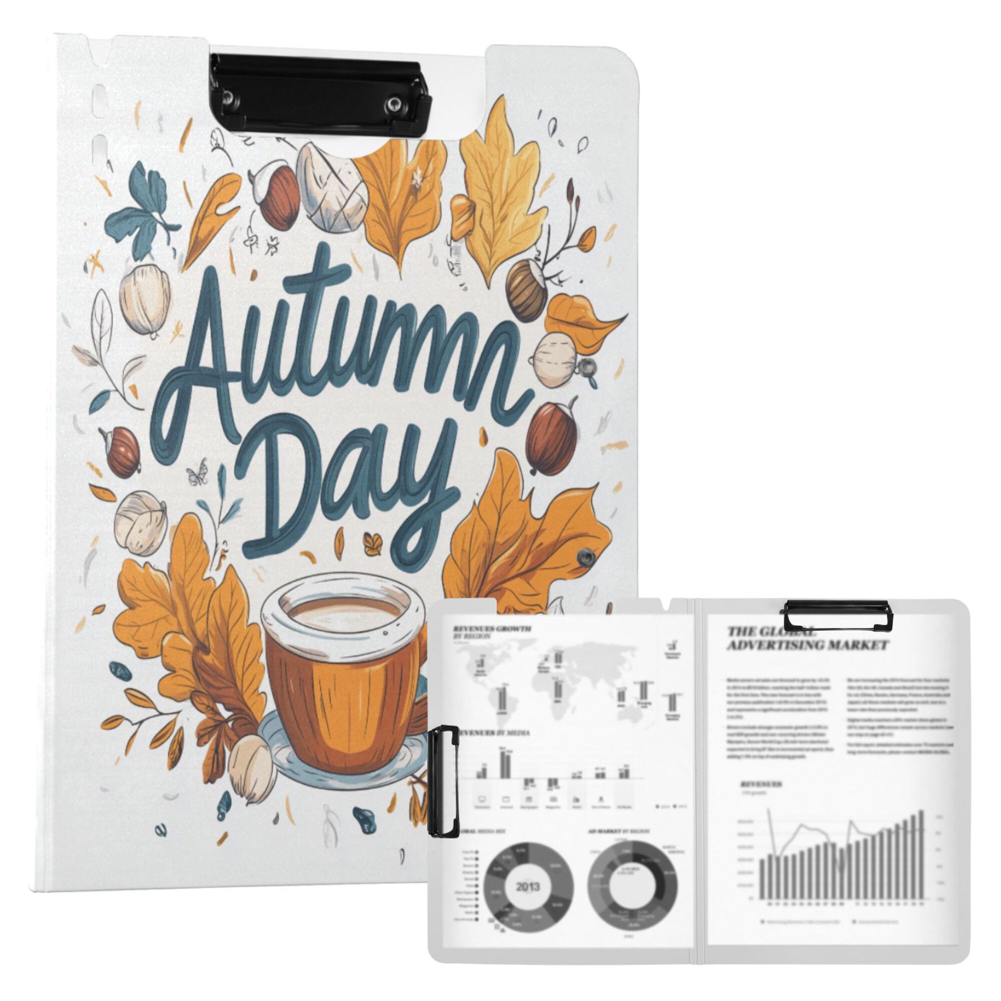 FORMRS A4 Clipboard Folder with Pen Holder Horizontal Foldable School Office Binder, Autumn Day with Cocoa Pattern