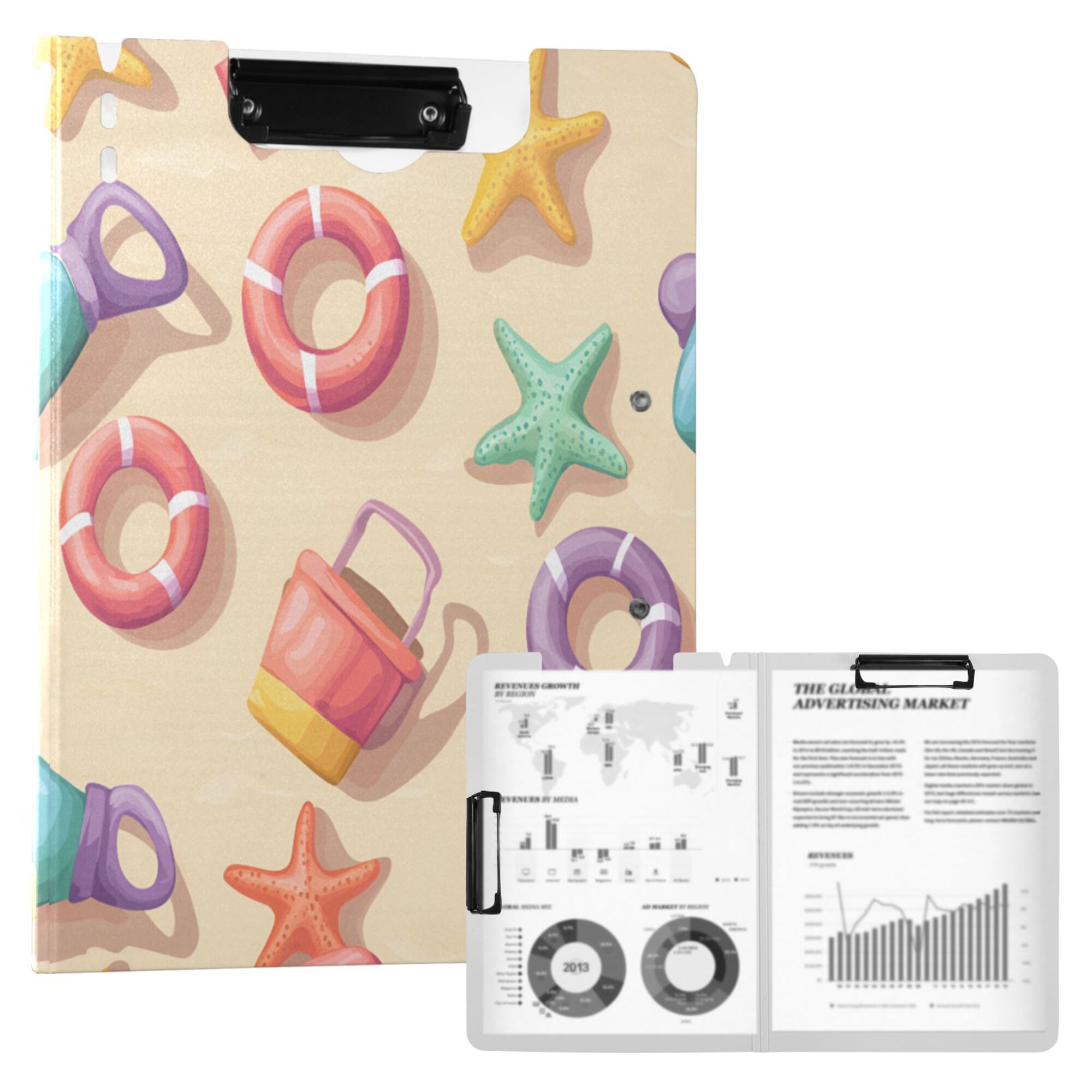 FORMRS A4 Clipboard Folder with Pen Holder Horizontal Foldable School Office Binder, Beach Toys Pattern