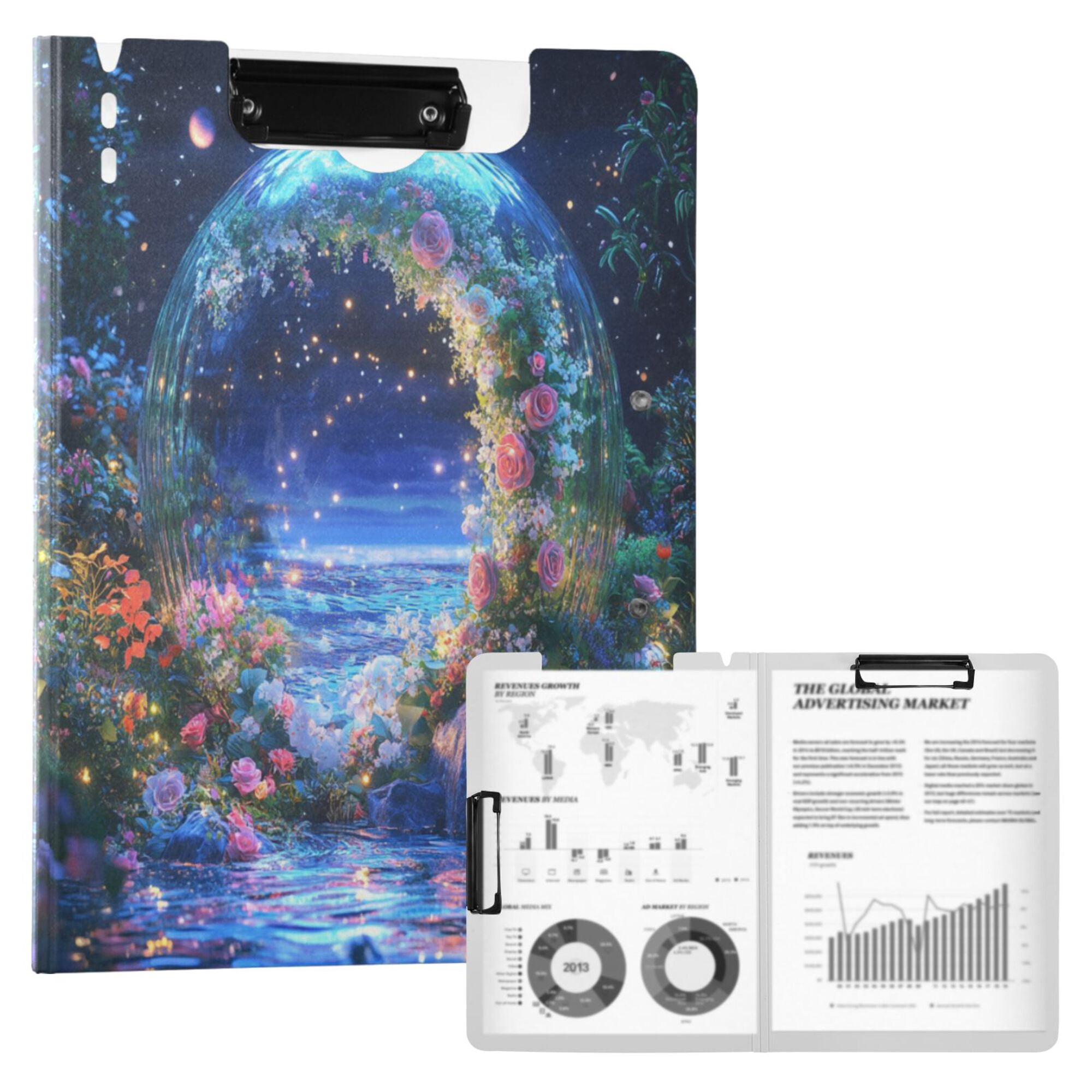FORMRS A4 Clipboard Folder with Pen Holder Horizontal Foldable School Office Binder, Beautiful Floral Moon