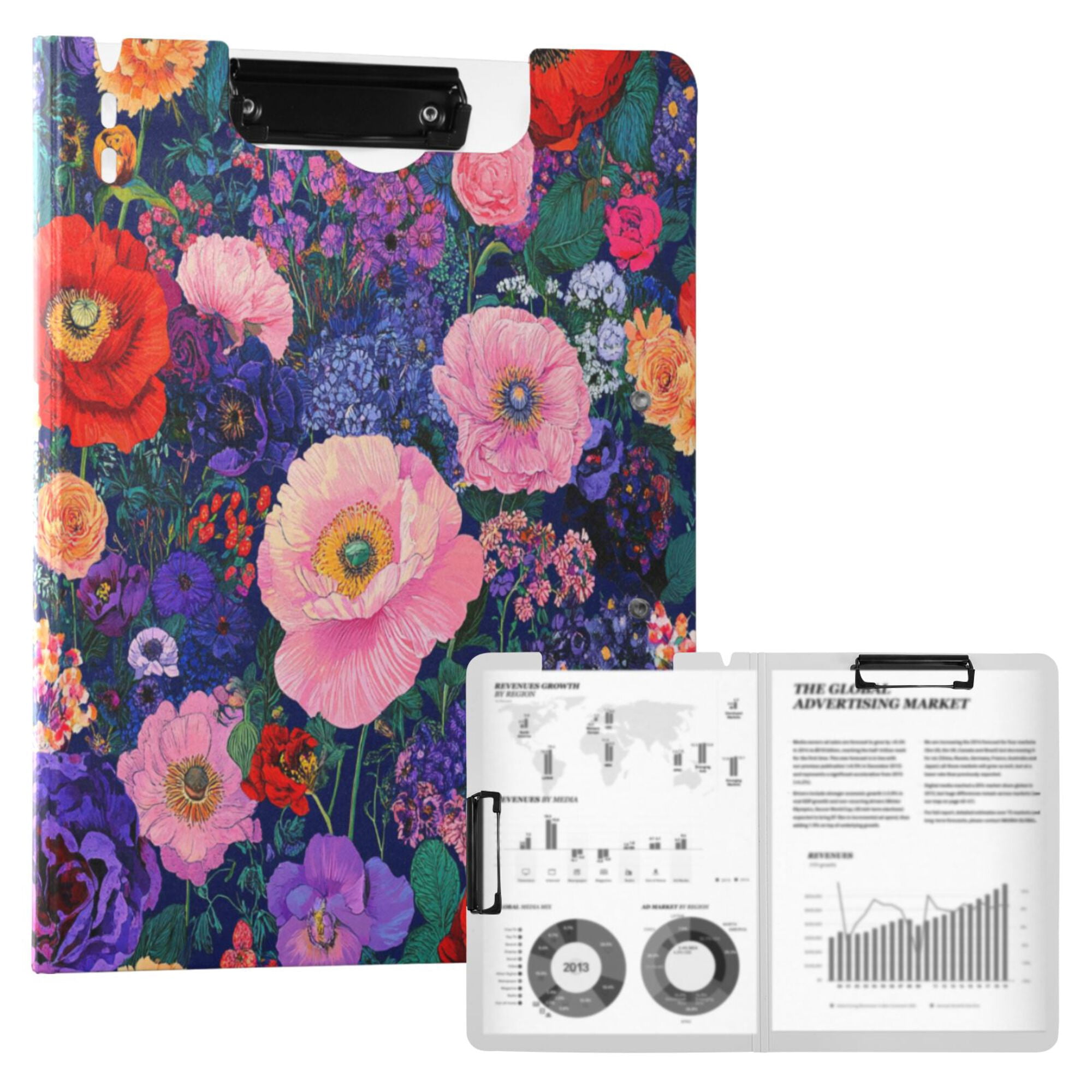 FORMRS A4 Clipboard Folder with Pen Holder Horizontal Foldable School Office Binder, Beautiful Floral Pattern