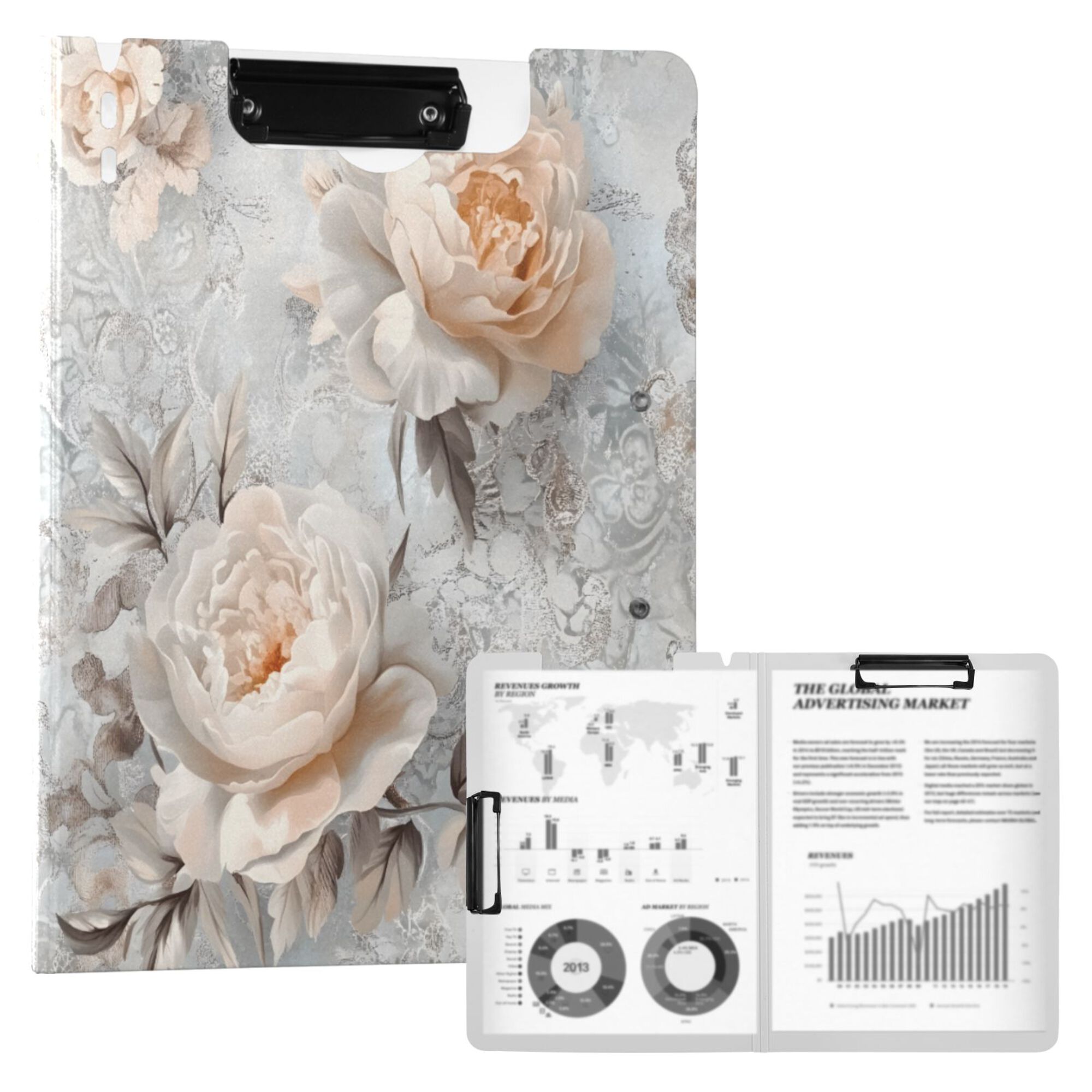 FORMRS A4 Clipboard Folder with Pen Holder Horizontal Foldable School Office Binder, Beautiful Floral