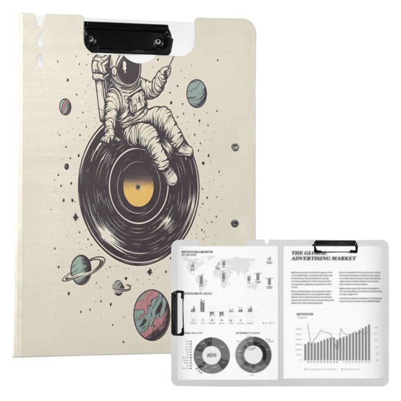 FORMRS A4 Clipboard Folder with Pen Holder Horizontal Foldable School Office Binder, Beige Astronaut Planet
