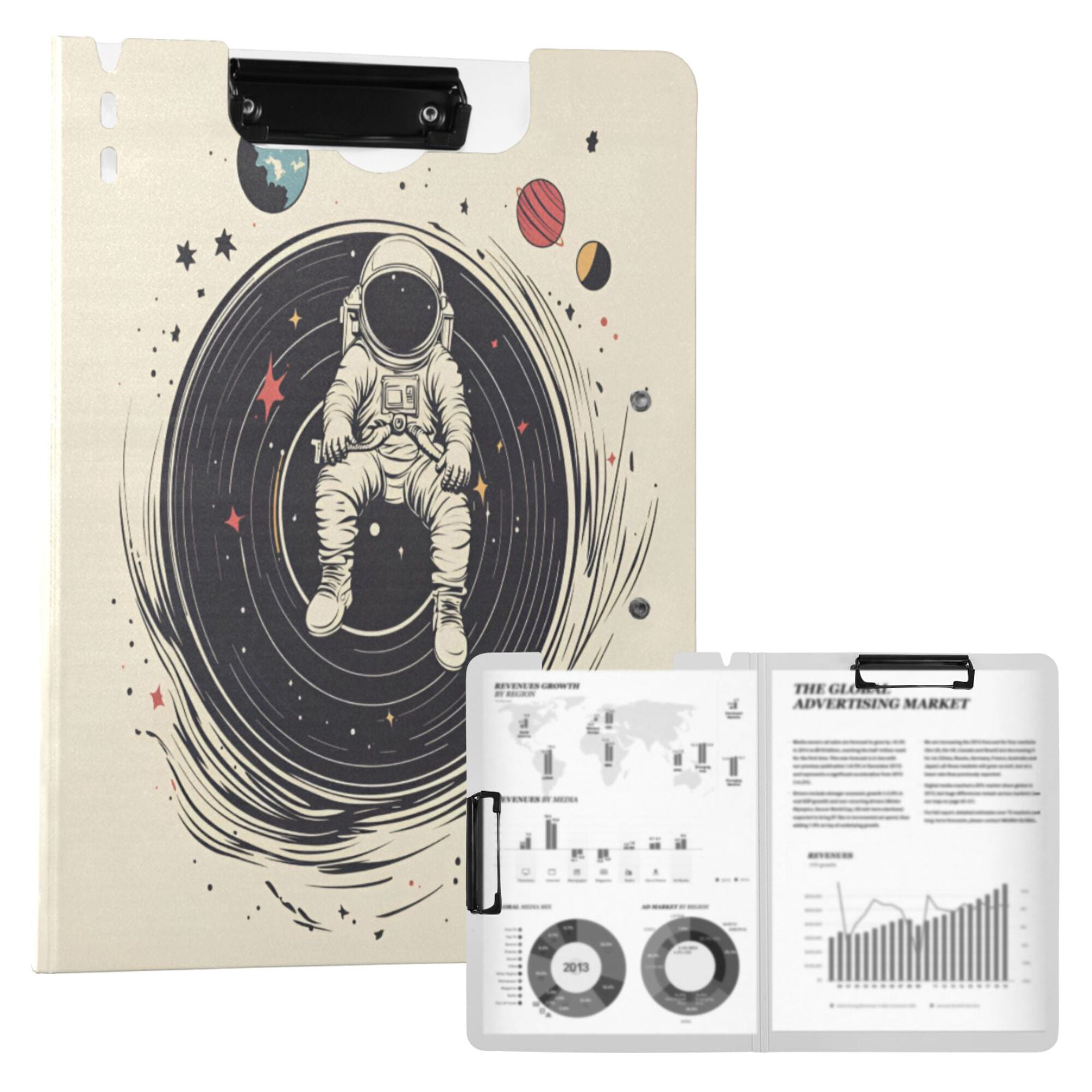 FORMRS A4 Clipboard Folder with Pen Holder Horizontal Foldable School Office Binder, Beige Astronaut Space
