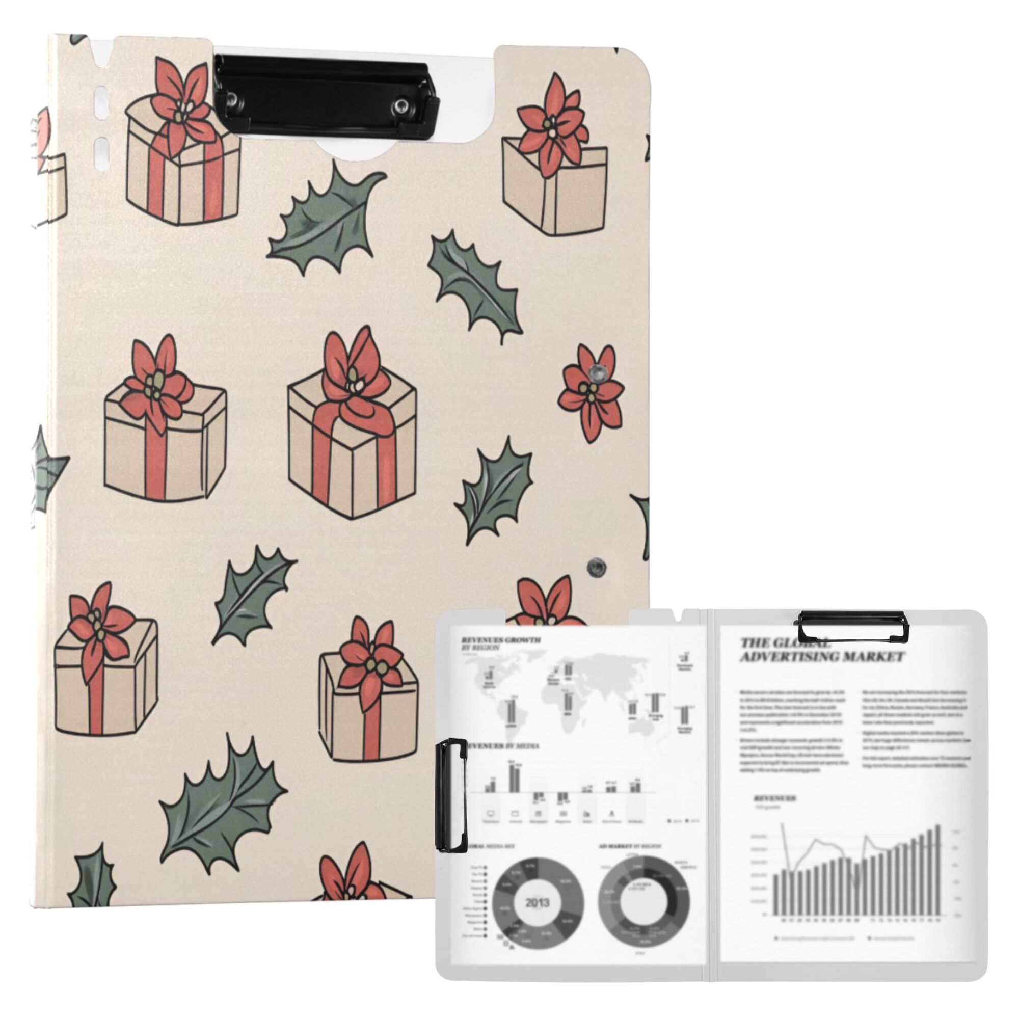 FORMRS A4 Clipboard Folder with Pen Holder Horizontal Foldable School Office Binder, Beige Christmas Gift Pattern