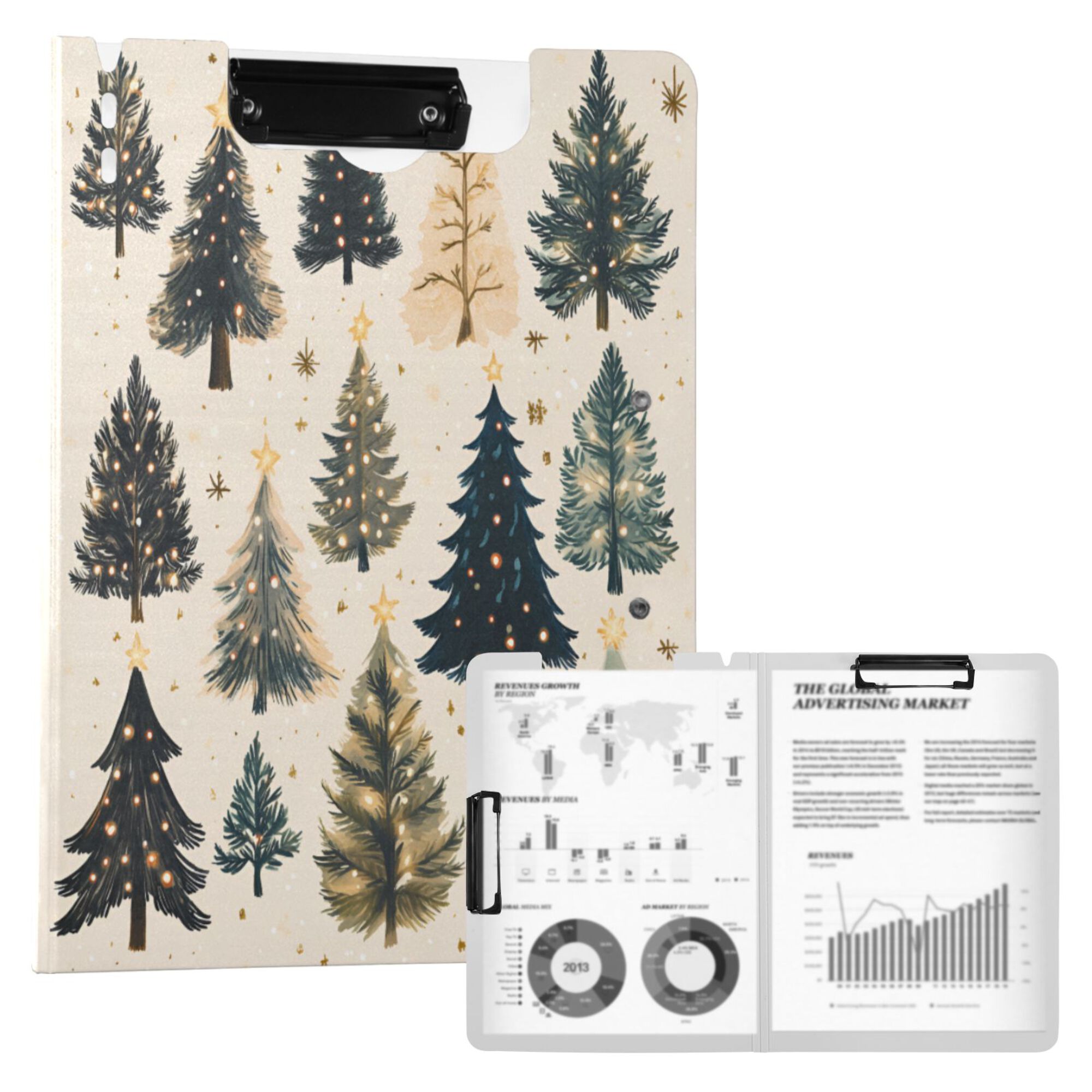 FORMRS A4 Clipboard Folder with Pen Holder Horizontal Foldable School Office Binder, Beige Christmas Trees