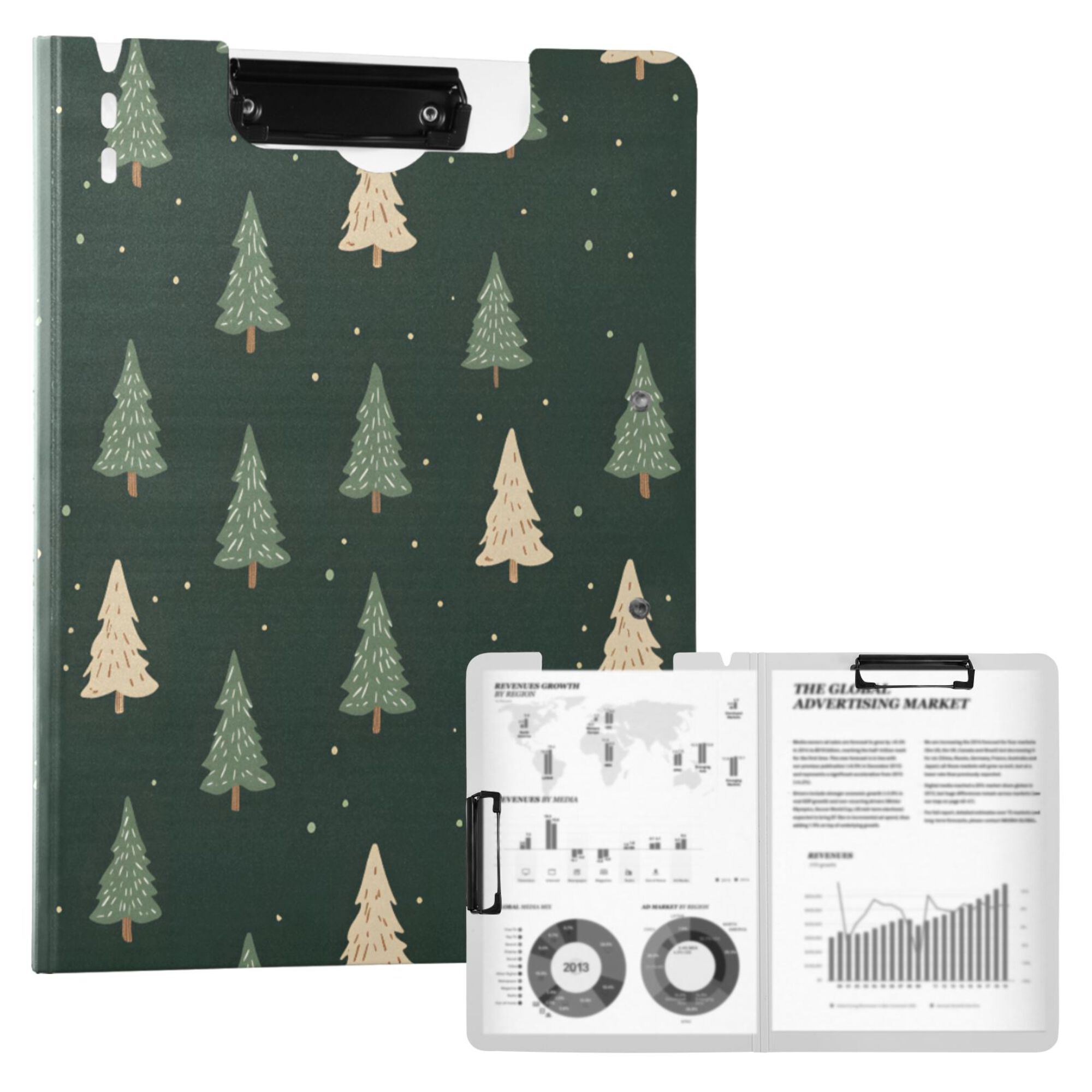 FORMRS A4 Clipboard Folder with Pen Holder Horizontal Foldable School Office Binder, Beige Christmas Trees