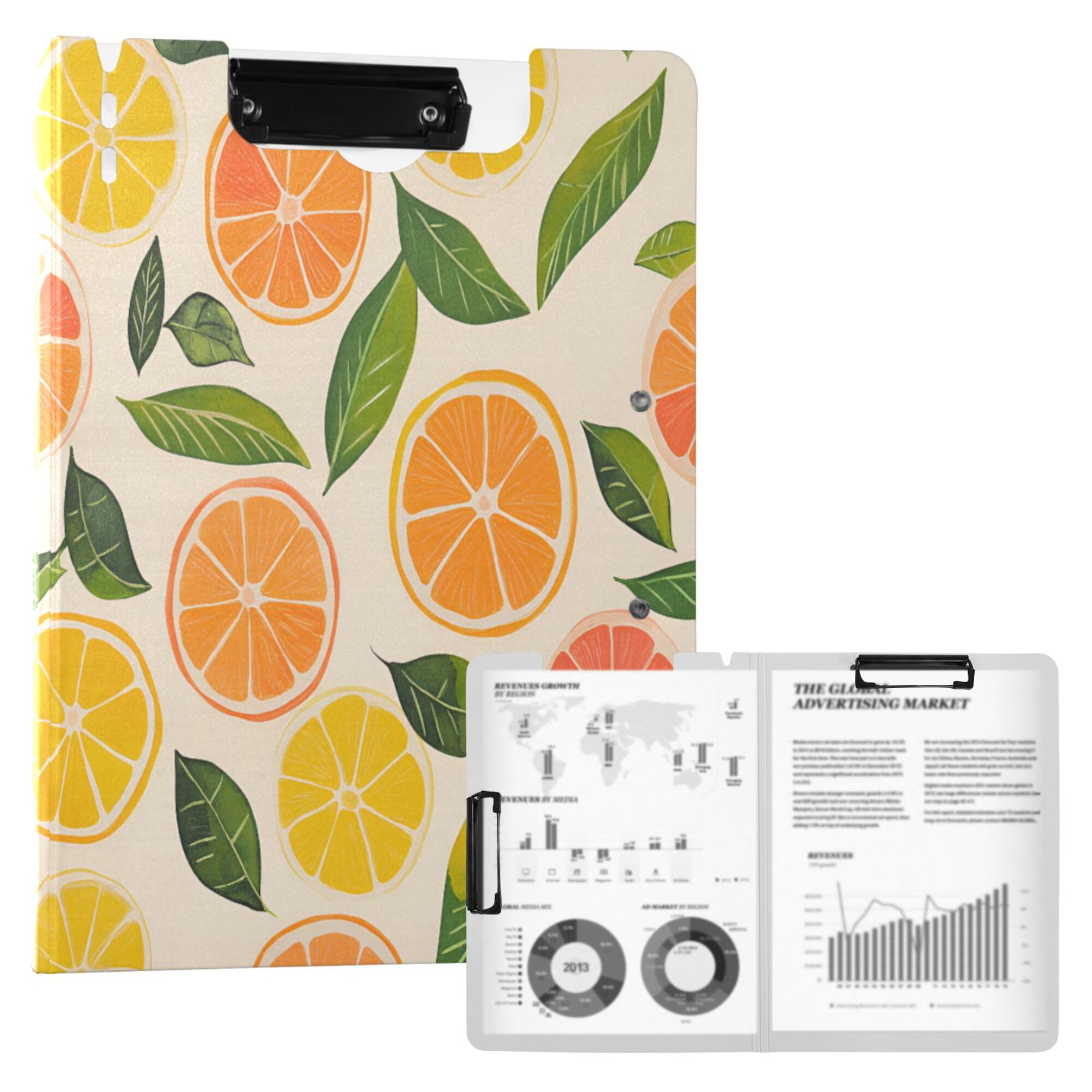 FORMRS A4 Clipboard Folder with Pen Holder Horizontal Foldable School Office Binder, Beige Citrus Leaves