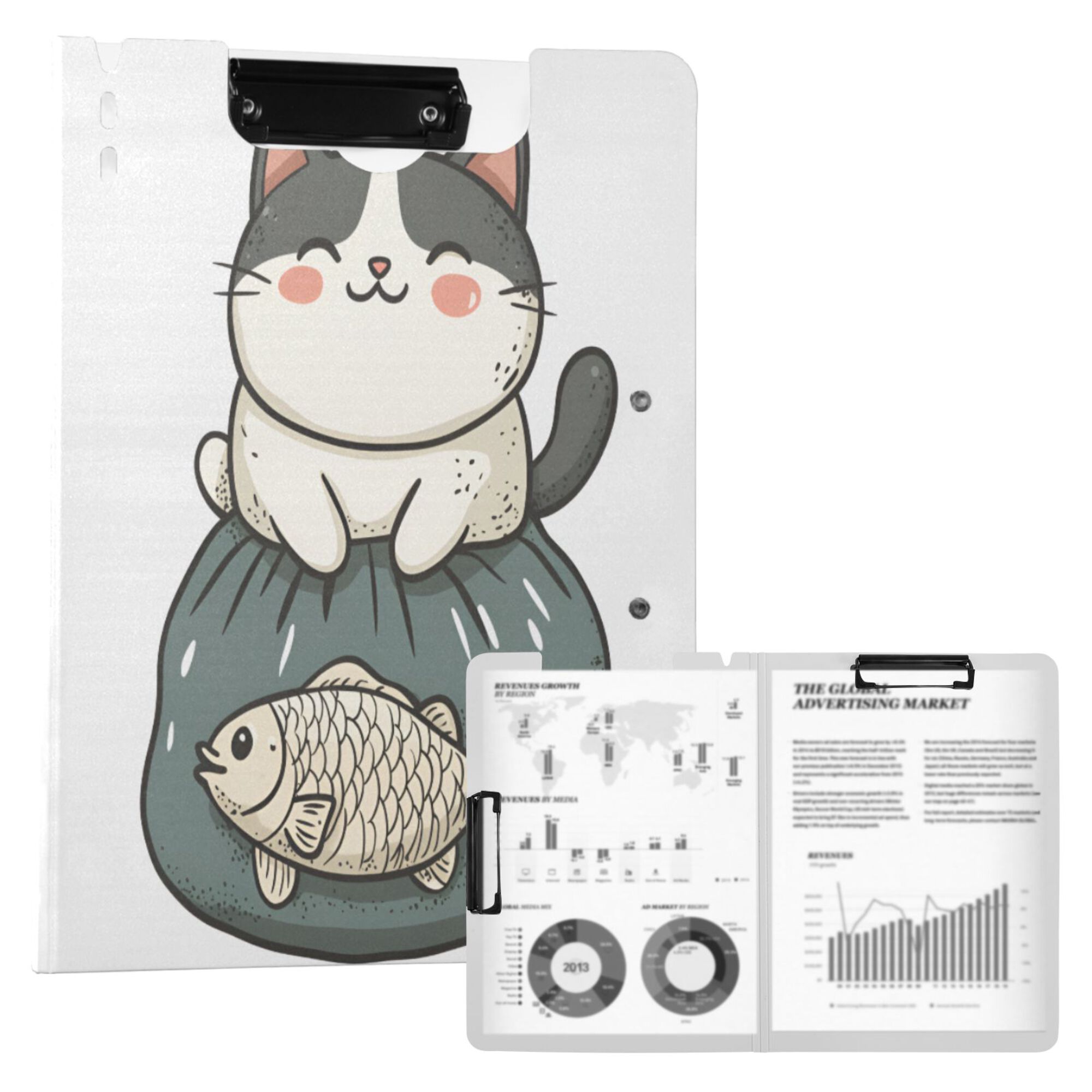FORMRS A4 Clipboard Folder with Pen Holder Horizontal Foldable School Office Binder, Beige Cute Cat