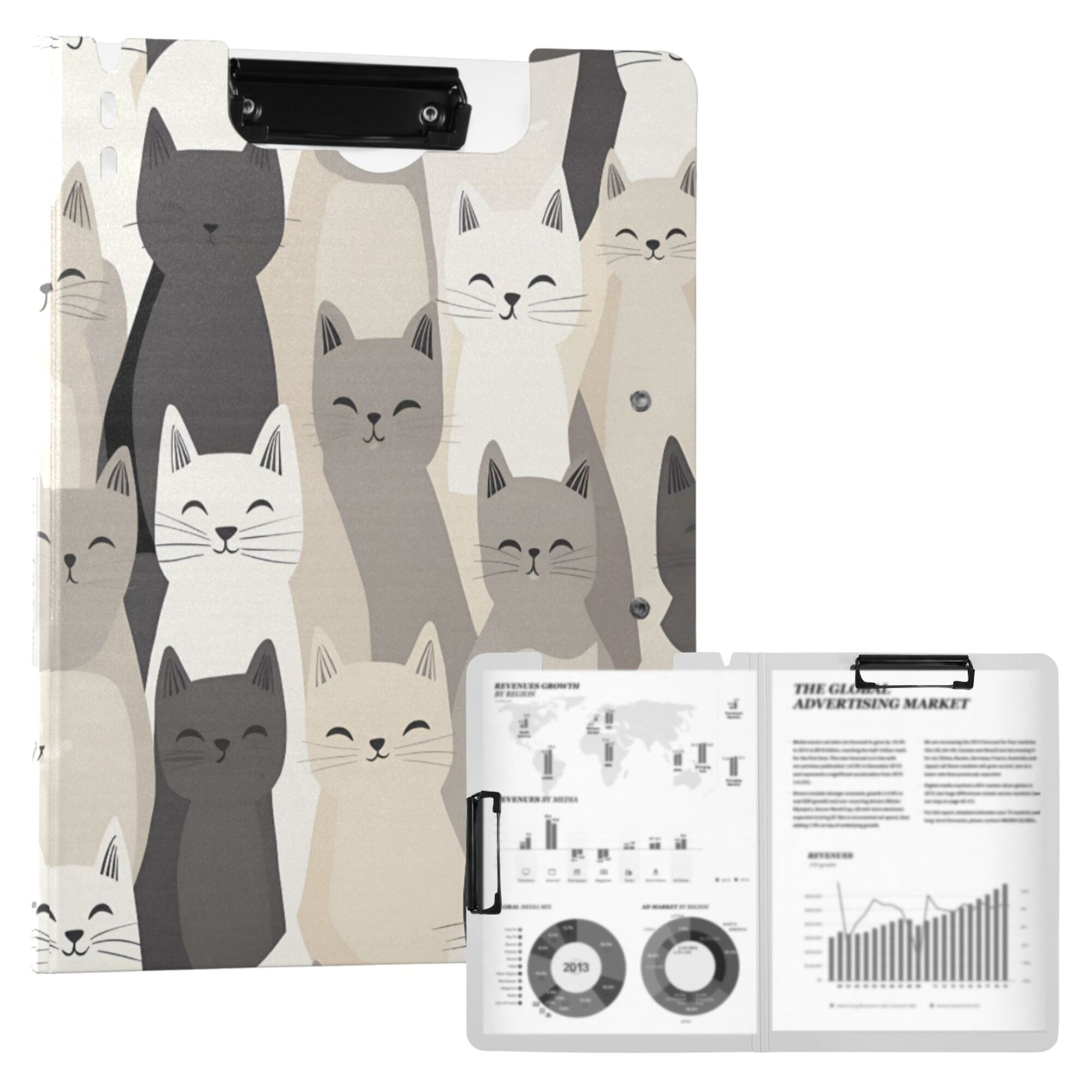 FORMRS A4 Clipboard Folder with Pen Holder Horizontal Foldable School Office Binder, Beige Cute Cats