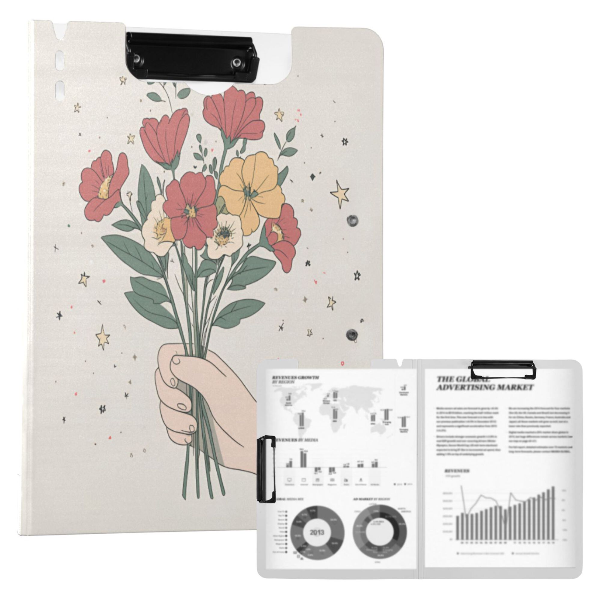 FORMRS A4 Clipboard Folder with Pen Holder Horizontal Foldable School Office Binder, Beige Cute Flower