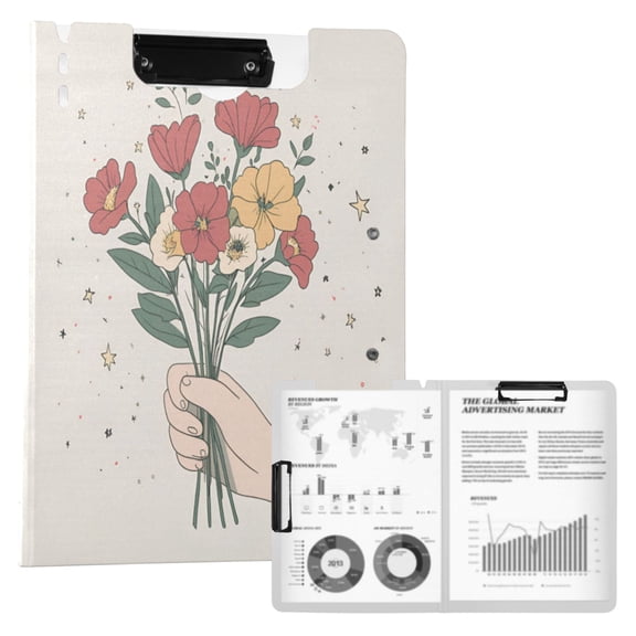 FORMRS A4 Clipboard Folder with Pen Holder Horizontal Foldable School Office Binder, Beige Cute Flower