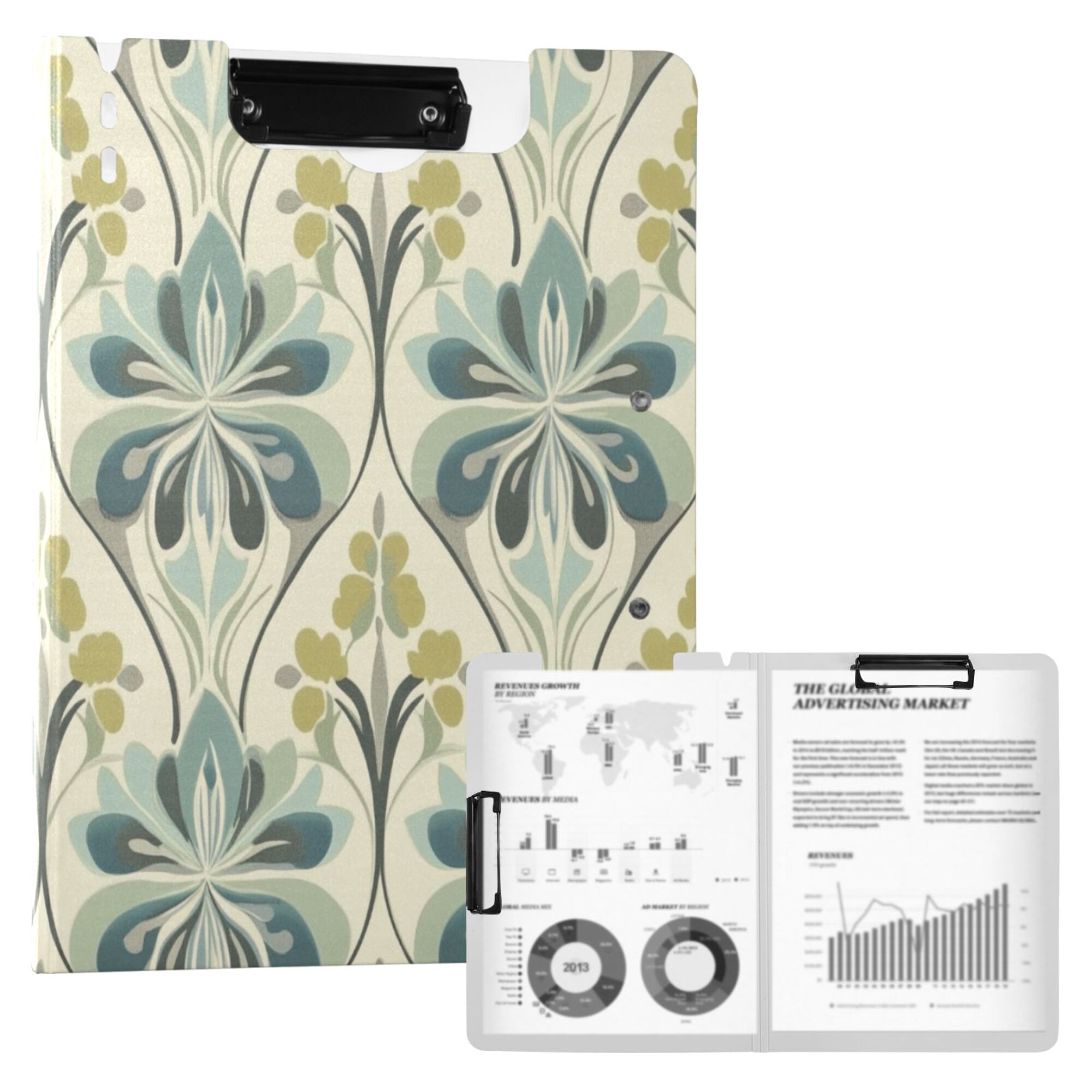 FORMRS A4 Clipboard Folder with Pen Holder Horizontal Foldable School Office Binder, Beige Floral Pattern